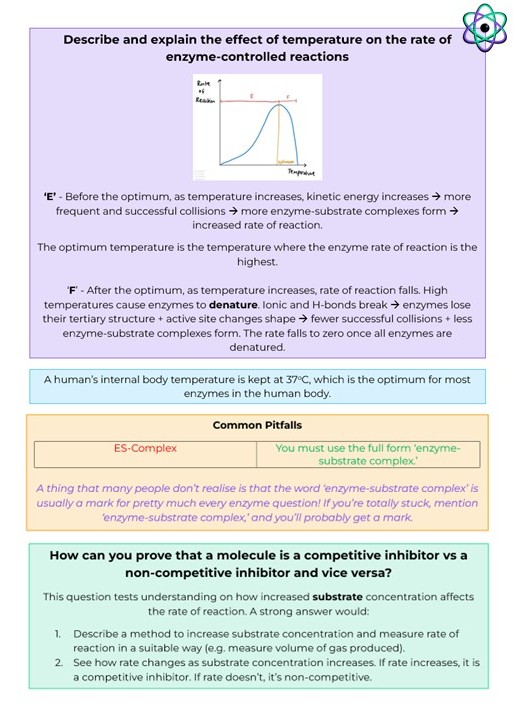 A page from the Nuclei notes, showing a spec-linked question on enzyme rate, an extra-content note, a common-pitfalls table and an extended question.